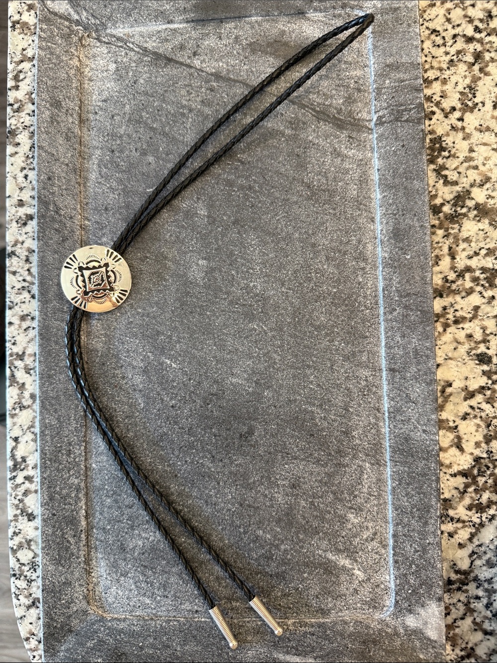 Black Leather Bolo Tie with Silver Concho